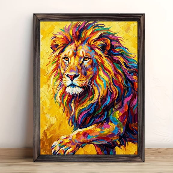Rainbow Lion Portrait Framed Wall Art, Solid Wood Frame Textured Oil Painting Print, Bold Wildlife Animal Wall Decor for Living Room Bedroom Office, 12x16in