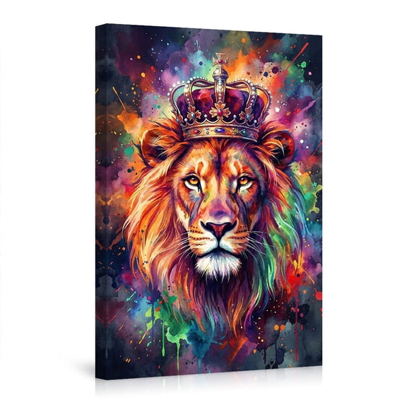 "Rainbow Lion with Crown" Canvas Wall Art, Vibrant Watercolor Splash Art, Bold Modern Animal Decor for Living Room & Modern Home
