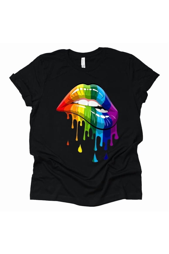 Rainbow Lip Bite LGBT Pride Month Gay Bi Trans Casual Short Sleeve Round Neck Tops T Shirt (Black-2X Large)
