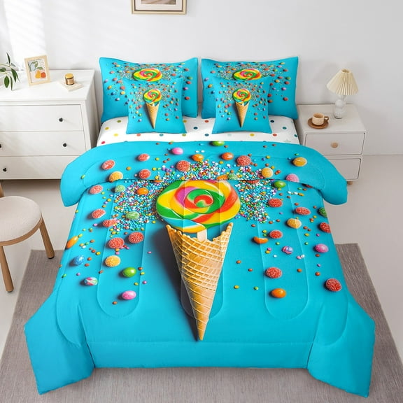 Rainbow Lollipop Bed in a Bag King Size Comforter Set 7 Pieces,Ice Cream Candy Theme Bedding Sets Cone Dessert Sheet Set with Comforter,Funny Food Bed Set