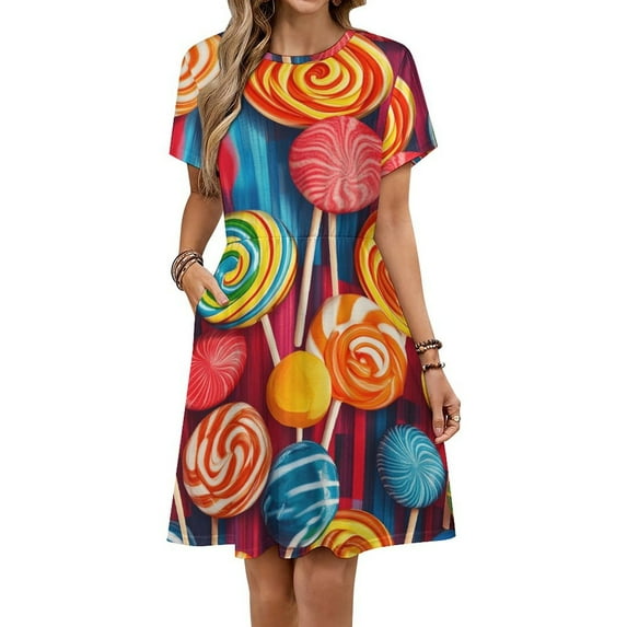 Rainbow Lollipop Dress Fashion Beach Short Sleeve Dresses Female Party Printed Sundress