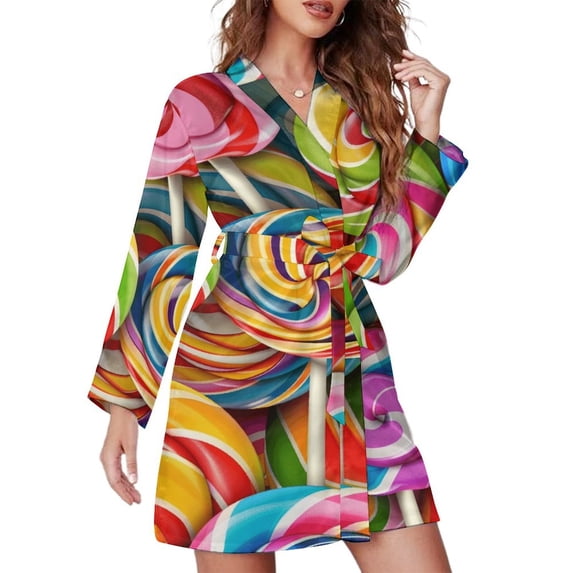 Rainbow Rbe Rainbow Lollipop Night Robe Long Sleeve V Neck Robe With Belt Women's ...
