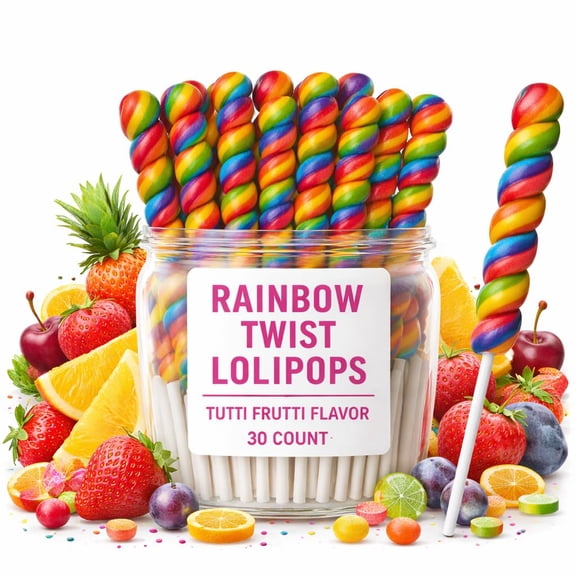 Rainbow Lollipop Twist Tutti Frutti Pop Candy Individually Wrapped 30 Count - Fruit Flavored Swirl Lollipops - Valentine Day Kids Classroom Exchange Gift Birthday Party Candy Buffet