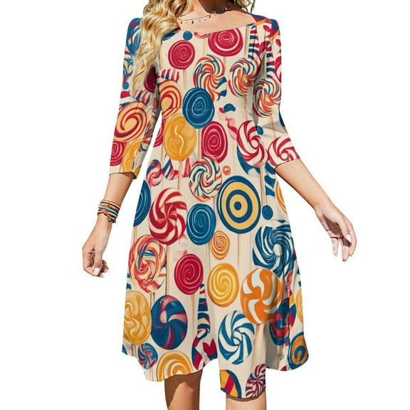Rainbow Lollipop Women's 3/4 Sleeve Dresses Elegant A-Line Midi Dress Flare Summer Casual Sundress