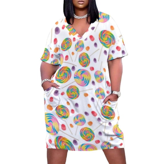 Rainbow Lollipops Colorful Gummy Candy Summer Sundress for Curve Women Casual Pattern Plus Size V Neck Short Sleeve Loose Fit Oversize Dresses