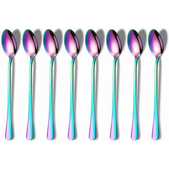 Rainbow Long Handle Spoons, Coffee Stirrers, Premium Stainless Steel Coffee & Tea Spoons, Set of 8 (Colorful)