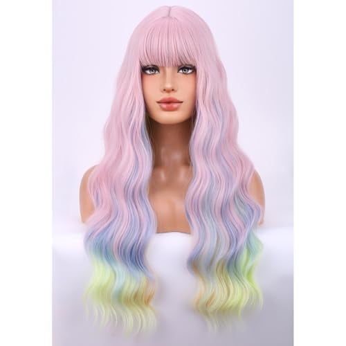 Rainbow Long Wigs Curly Wavy Women Pastel Wigs with Bangs Colorful Heat Resistant Synthetic for Cosplay or Daily Wigs Wig Cap Included