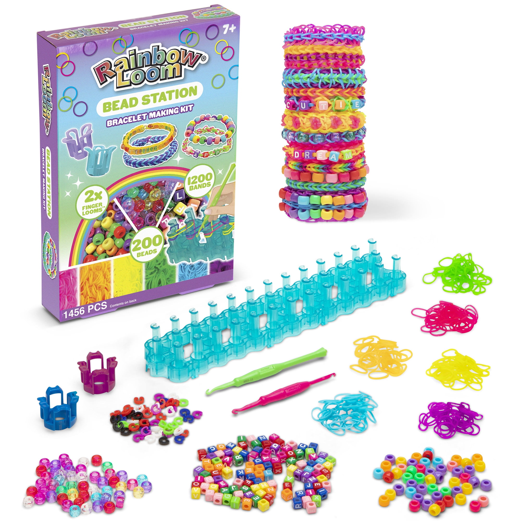 Rainbow Loom: Bead Station - DIY Bands Bracelet Making Kit, 1200 Bright Rubber Bands, 200 Beads, 2x Finger Looms, Jewelry Crafting Activity, Kids 7+