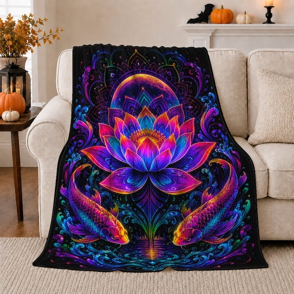 Rainbow Lotus with Koi Fish on Black, Dreamy Botanical Style for Pond Lovers, Neon Water Garden Scene and Birthday Gift, Cozy Flannel Blanket for Bedroom and Reading Nook, Home Decor
