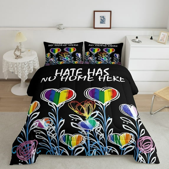 Rainbow Love Comforter Set Queen Size,Peace Theme Quotes Bedding Set 3Pcs Adult Room Decor,Abstract Floral Leaves Quilt Set Black Reversible Duvet Insert,2 Pillowcases