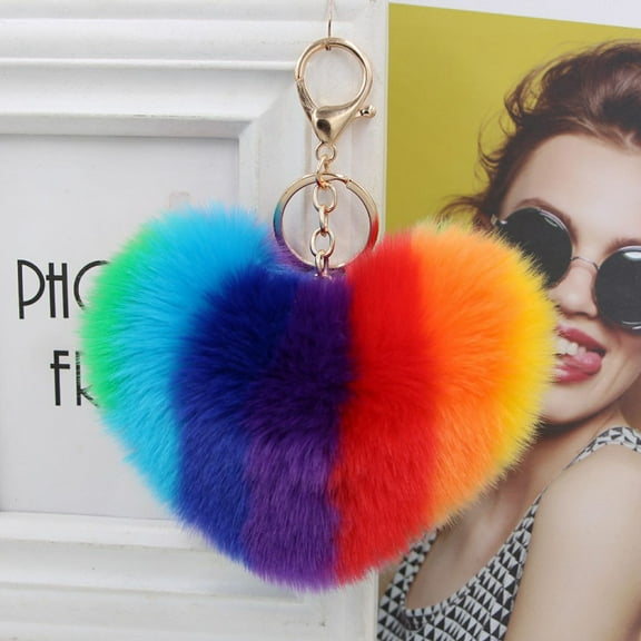 Rainbow Love Heart Fluffy Ball Keychain Car Key Ring Holder Bag Charm Ornament