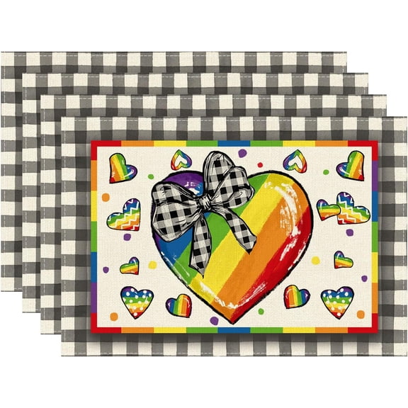 Rainbow Love Heart LGBTQ Placemats Set of 4 Pride Day Inclusion Lesbian Gay Bisexual Transgender Queer Homosexual Equality Table Mats Decorations 12x18 Inch