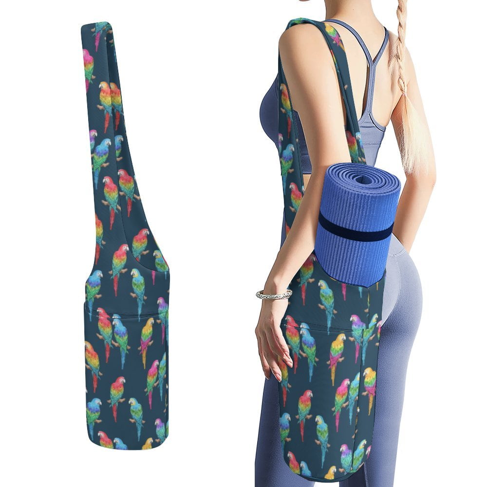 Rainbow Macaws On Navy Yoga Mat Bag Large Yoga Bag with Side Pocket
