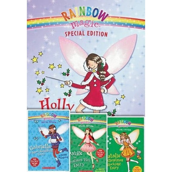 Pre-Owned Rainbow Magic Christmas Fairies Set of 4 with Glitter Snowflake Charm Bracelet, Paige the Christmas Play Fairy, Holly the Christmas Fairy, Natalie the Christmas Stocking Fairy, Paperback