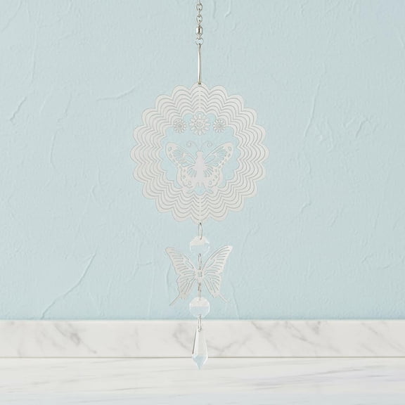 Rainbow Maker Crystal Sun Catcher Wind Spinner for Indoor Outdoor Hanging Decor, with Silver Butterfly and Hook Decorative for Window Home Garden