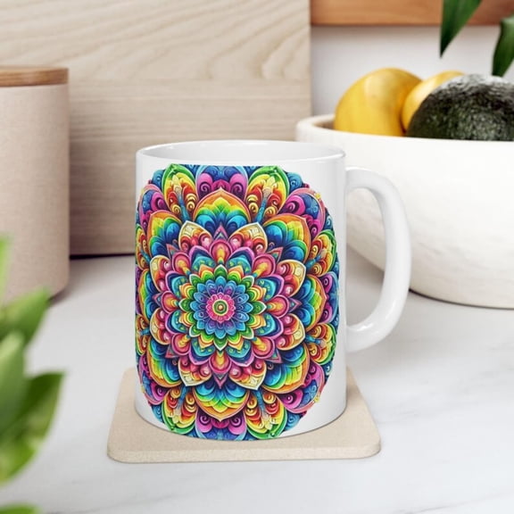 Rainbow Mandala Ceramic Mug, Boho Coffee Cup, Tea Mug, Unique Office Gift, Kitchen Dr, Hippie Drinkware, Festival Gift, Birthday Present.