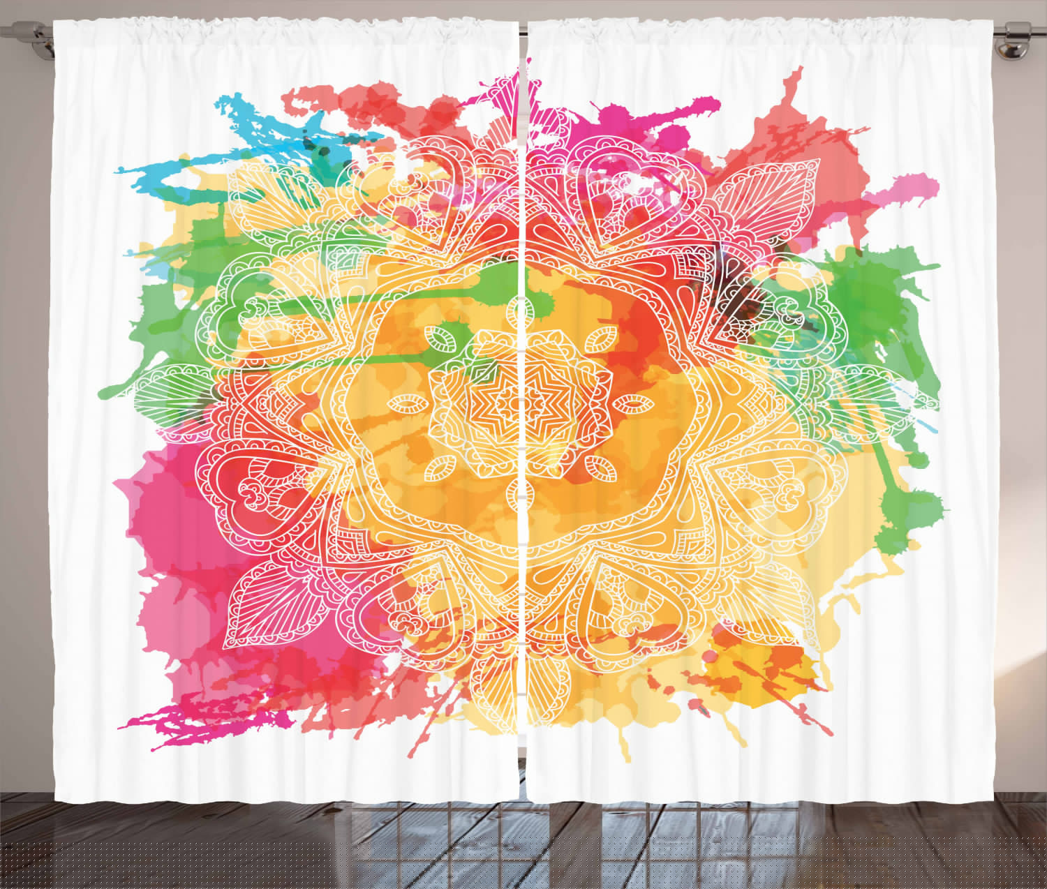 Ambesonne Rainbow Mandala Curtains 2 Panel Set, Outline Flower, 108" x 84", Multicolor