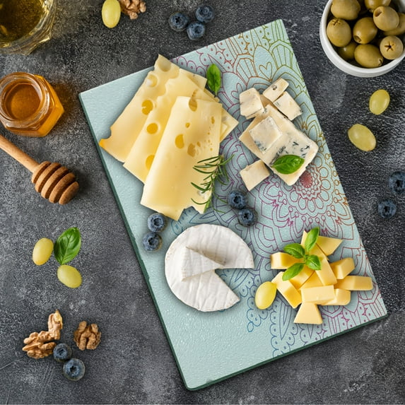 Rainbow Mandala Cutting Board, Outline Style Colorful Eastern Folklore Ombre Design Abstract Illustration, Decorative Tempered Glass Cutting and Serving Board, Small Size, Multicolor, by Ambesonne