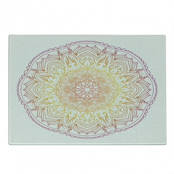 Rainbow Mandala Cutting Board, Traditional Colorful Middle Eastern Design Ombre Effect, Decorative Tempered Glass Cutting and Serving Board, Small Size, Violet Orange and Yellow, by Ambesonne