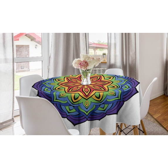 Rainbow Mandala Round Tablecloth, Colorful Mandala Design with Blossoming Cinnamon Flower Oriental Flora, Circle Table Cloth Cover for Dining Room Kitchen Decoration, 60", Multicolor, by Ambesonne