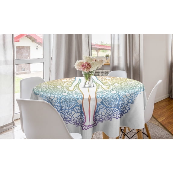 Rainbow Mandala Round Tablecloth, Yoga Themed Meditating Woman Outline with Mandala Patterned Background, Circle Table Cloth Cover for Dining Room Kitchen Decoration, 60", Multicolor, by Ambesonne