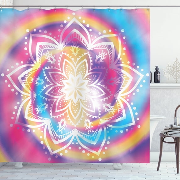 Rainbow Mandala Shower Curtain, Middle Eastern Mandala Design with Spiral Stripes Colorful Blur Background, Fabric Bathroom Set with Hooks, 69W X 75L Inches Long, Multicolor, by Ambesonne