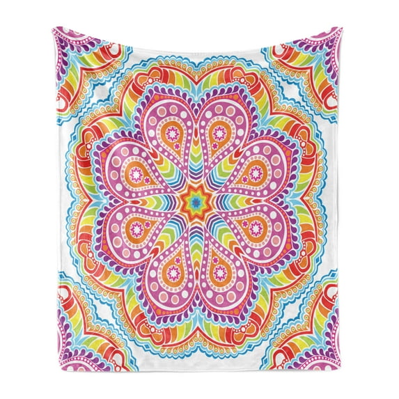 Rainbow Mandala Soft Flannel Fleece Blanket, Colorful Oriental Mandala Motif with Stars Paisleys and Dots Colorful Art, Cozy Plush for Indoor and Outdoor Use, 50" x 60", Multicolor, by Ambesonne