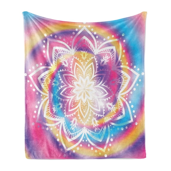 Rainbow Mandala Soft Flannel Fleece Blanket, Middle Eastern Mandala Design with Spiral Stripes Colorful Blur Background, Cozy Plush for Indoor and Outdoor Use, 70" x 90", Multicolor, by Ambesonne