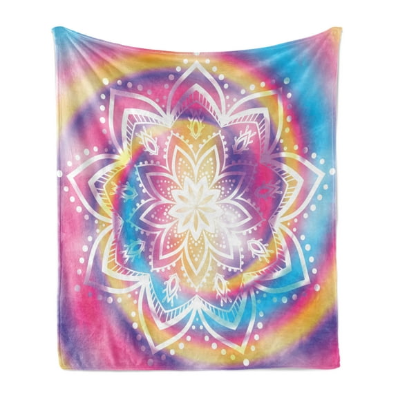 Rainbow Mandala Soft Flannel Fleece Blanket, Middle Eastern Mandala Design with Spiral Stripes Colorful Blur Background, Cozy Plush for Indoor and Outdoor Use, 50" x 70", Multicolor, by Ambesonne