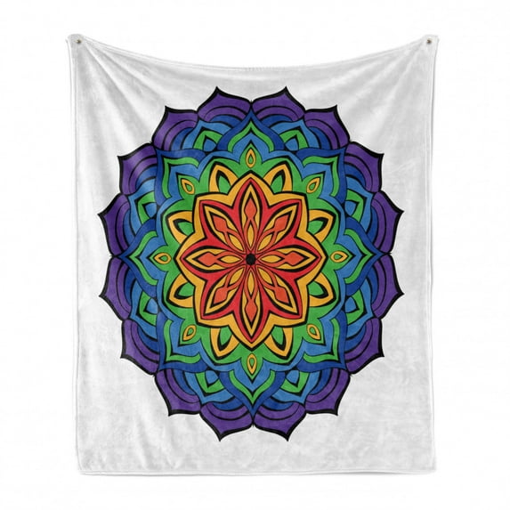 Rainbow Mandala Soft Flannel Fleece Throw Blanket, Colorful Mandala Design with Blossoming Cinnamon Flower Oriental Flora, Cozy Plush for Indoor and Outdoor Use, 50" x 70", Multicolor, by Ambesonne