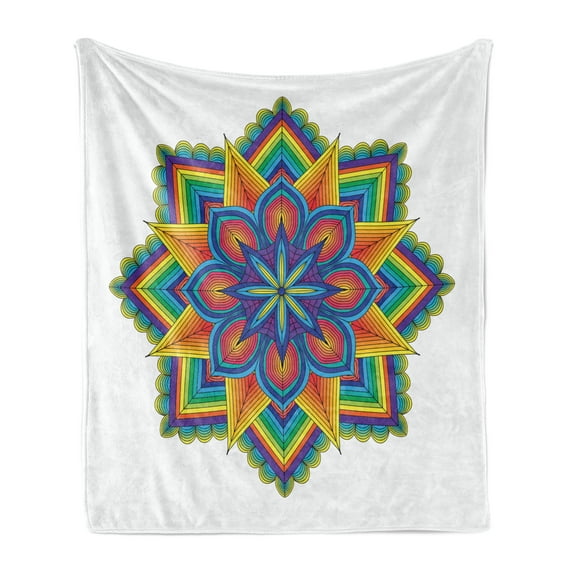 Rainbow Mandala Soft Flannel Fleece Throw Blanket, Colorful Geometric Design with Themed Star and Flower Motifs, Cozy Plush for Indoor and Outdoor Use, 50" x 70", Multicolor, by Ambesonne