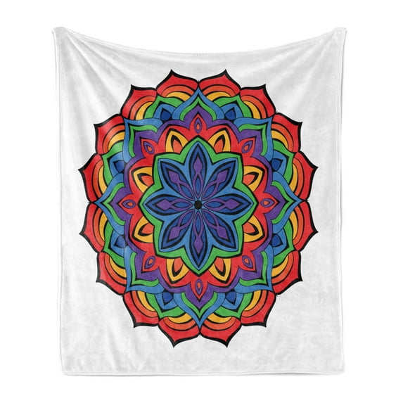 Rainbow Mandala Soft Flannel Fleece Throw Blanket, Composition of Thriving Exotic Spring Flower in Oriental Mandala Design, Cozy Plush for Indoor and Outdoor Use, 70" x 90", Multicolor, by Ambesonne