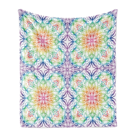 Rainbow Mandala Soft Flannel Fleece Throw Blanket, Ornamental Colorful Flowers Culture Elements Eastern Motifs, Cozy Plush for Indoor and Outdoor Use, 60" x 80", Multicolor, by Ambesonne