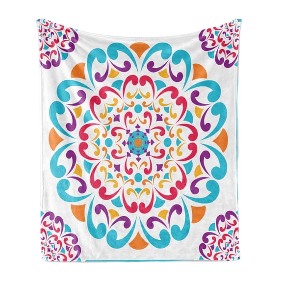 Rainbow Mandala Soft Flannel Fleece Throw Blanket, Traditional Colorful Swirls Pattern Motifs Oriental Elements, Cozy Plush for Indoor and Outdoor Use, 70" x 90", Multicolor, by Ambesonne