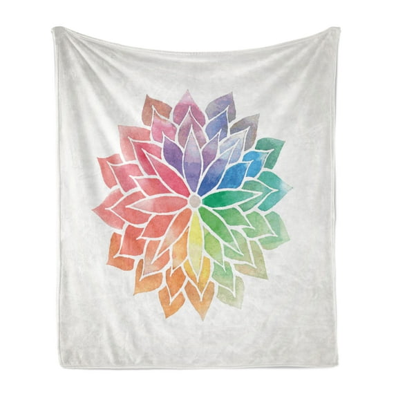 Rainbow Mandala Soft Flannel Fleece Throw Blanket, Watercolor Style Flower Design Petals on Off White Background, Cozy Plush for Indoor and Outdoor Use, 50" x 70", Multicolor, by Ambesonne
