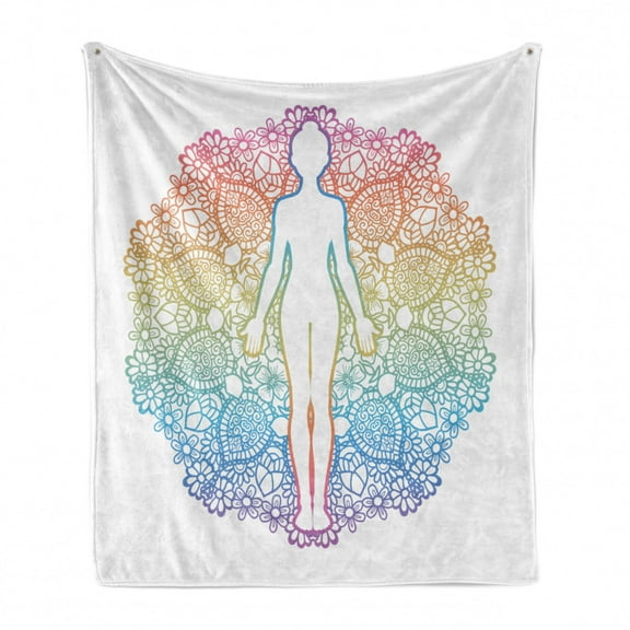 Rainbow Mandala Soft Flannel Fleece Throw Blanket, Yoga Themed Meditating Woman Outline with Mandala Patterned Background, Cozy Plush for Indoor and Outdoor Use, 70" x 90", Multicolor, by Ambesonne