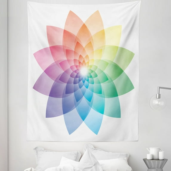 Rainbow Mandala Tapestry, Lotus Flower Design with Many Colors Abstract Petal Pattern Rainbow Art, Fabric Wall Hanging Decor for Bedroom Living Room Dorm, 5 Sizes, Multicolor, by Ambesonne