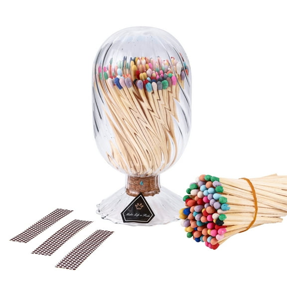 Rainbow Matches Included (100), Match Holder with Candle Matches, Match Cloche with Striker, 100Pcs 3'' Long Matches for Fireplace BBQ Grill, Matches in a Jar with Striker, Safety Matches for Candles