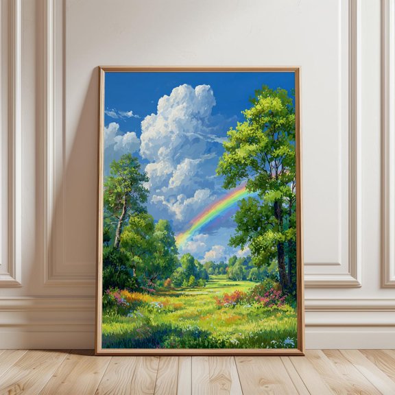 Rainbow Meadow Wildflowers Landscape Art Print Lush Trees Dramatic Clouds Scenic Nature Wall Decor, Unframed Paper Print
