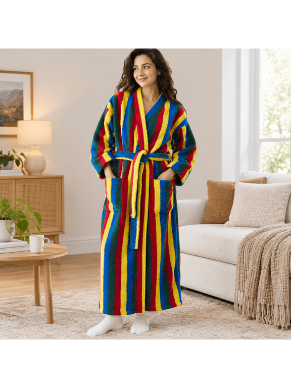 Rainbow Medium Striped Long Plush Fuzzy Warm Bathrobe for Women