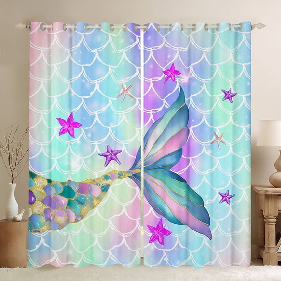 Rainbow Mermaid Curtains Mermaid Tail Blackout Curtains for Bedroom Fish Scales Curtains & Drapes Ocean Life Underwater Starfish Seashell Print Window Curtains 2 Panels, 38''Wx45''L