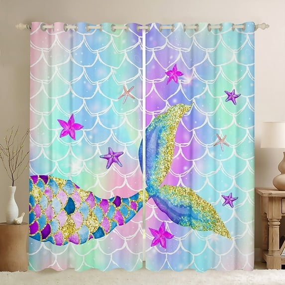 Rainbow Mermaid Curtains Mermaid Tail Blackout Curtains for Bedroom Fish Scales Curtains & Drapes Ocean Life Underwater Starfish Seashell Print Window Curtains 2 Panels, 42''Wx84''L