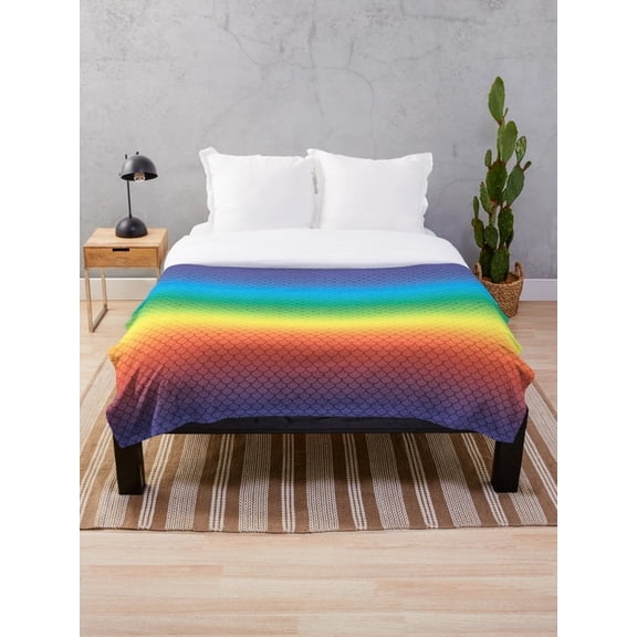 Rainbow Mermaid Scale Sherpa Throw Blanket, Colorful Fish Scale Pattern Polyester Fleece Blanket, Custom Print Bedding Throw