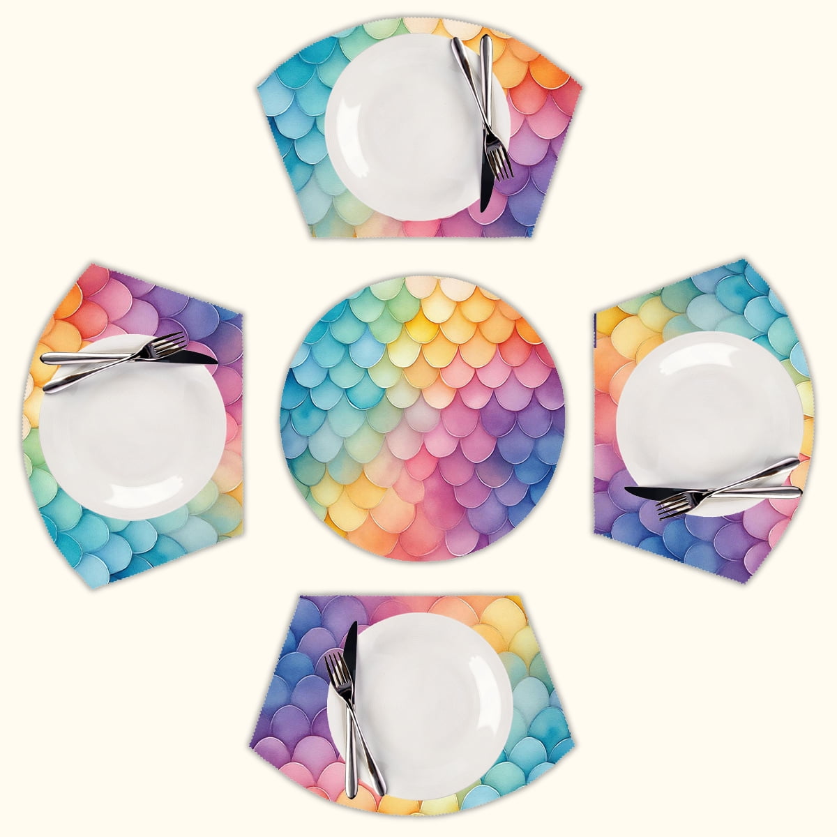 Rainbow Mermaid Scales Round Table Placemats Set Of 5 Wedge Table Mats ...