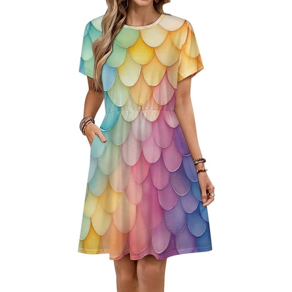 Rainbow Mermaid Scales Sundress Short Sleeve Dress Summer Women Clothes Dress for Women Dresses