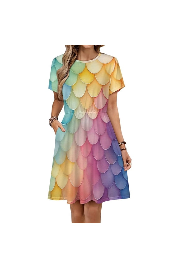 Rainbow Mermaid Scales Sundress Short Sleeve Dress Summer Women Clothes Dress for Women Dresses