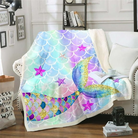 Rainbow Mermaid Throw Blanket Mermaid Tail Fuzzy Blanket Fish Scales Fleece Blanket Ocean Life Underwater Starfish Seashell Print Plush Bed Blanket for Sofa Couch, Twin