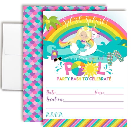 Rainbow Mermaid Unicorn Pool Float Birthday Invitations for Kids, 20 Fill-In Cards with Envelopes, 5x7 Children's Party Invitations, Birthday Party Supplies, Made in USA by Amanda Creation