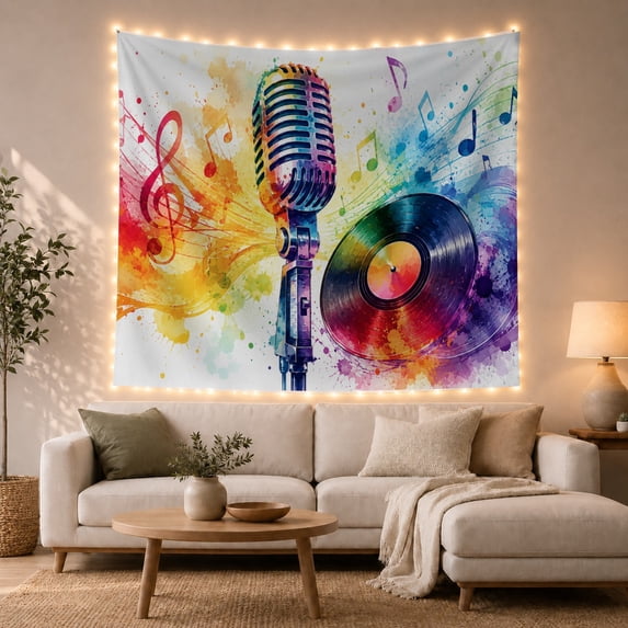 Rainbow Microphone Beside a Vinyl Record, Nostalgic Watercolor for Music Lovers, Audio Recording Decor, Graduation Gift, Tapestry Wall Hanging for Studio and Dorm