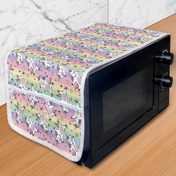 Rainbow Microwave Oven Cover, Cartoon Drawing of Unicorn Ice Skating, Water Resistant Organizer with Pockets for Kitchen, 36" x 12", Multicolor, by Ambesonne